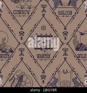 Seamless vector pattern with western style symbols on beige background. Vintage wild west wallpaper design. Decorative Texas fashion textile. Stock Vector