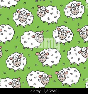 Seamless vector pattern with sheep on green background. Cartoon animal wallpaper design with lamb. Ideal for children fashion, textile, fabric. Stock Vector