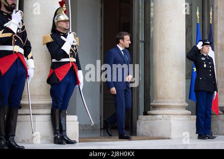 Paris, France. 16th May, 2022. French President Emmanuel Macron waits for European Council President prior to a working lunch at the presidential Elysee Palace in Paris on May 16, 2022. Photo by Raphael Lafargue/ABACAPRESS.COM Credit: Abaca Press/Alamy Live News Stock Photo