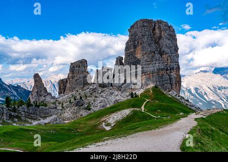 View of Cinque Torri, a rock formation of Nuvolao Group in the Italian Dolomites in Province of Belluno, Italy. Stock Photo