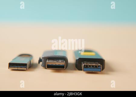 USB flash drive on blue background close up  Stock Photo