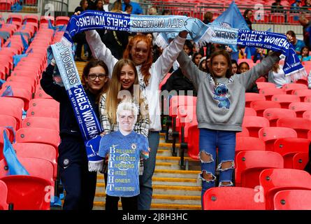 LONDON, ENGLAND - MAY 15: Fans of Chelsea hold up a cardbord cut out of Chelsea Women Millie Bright  before Women's FA Cup Final between Chelsea Women Stock Photo