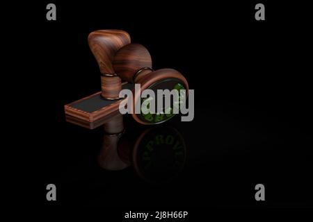 3D rendering burl wood stamp with green ink approval lettering Stock Photo