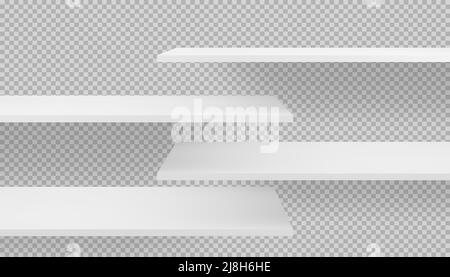 Long 3d empty blank wooden or plastic shelves mockup on transparent background with shadow. Template of book and magazine store organization for merch Stock Vector