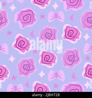 Pink roses and bows on blue background, seamless pattern Stock Vector
