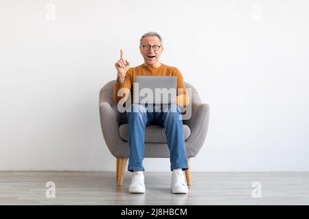 Portrait of mature man using laptop sitting on armchair Stock Photo