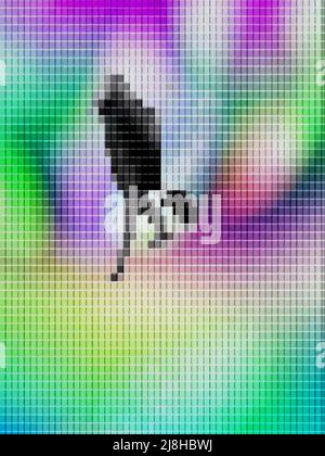 Traveler silhouette with wheeled suitcase in a psychedelic landscape. Pixel art. Stock Photo