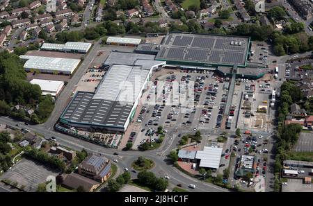 aerial view of Enterprise 5 Retail Park, a shopping Centre in Bradford, West Yorkshire Stock Photo