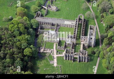 Aerial view taken from over 1500' of Fountains Abbey, near Ripon, one of the largest and best preserved ruined Cistercian monasteries in England. Stock Photo