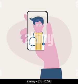 Hand holding smart phone with doctor on screen during online consultation. Vector illustration. Stock Vector