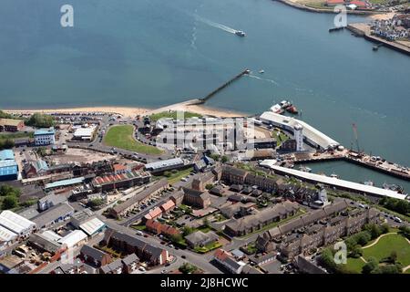 aerial view of North Shields Fish Quay port, The Old Low Light heritage museum, Fish Quay Sands and beaches Stock Photo