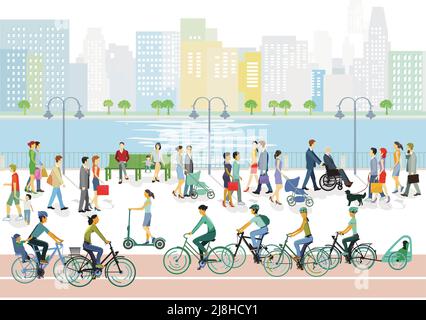 Big city on the river, with groups of people and families, illustration Stock Vector