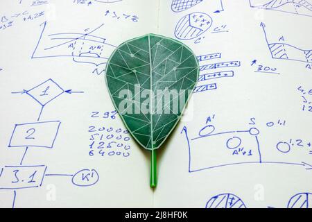 Open plan and leaf as symbol of environment and responsible business. Stock Photo