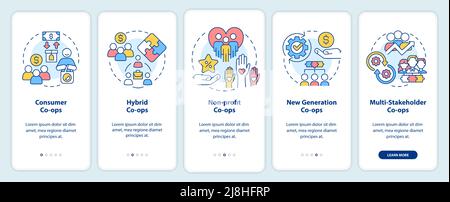 Types of business co-ops onboarding mobile app screen Stock Vector