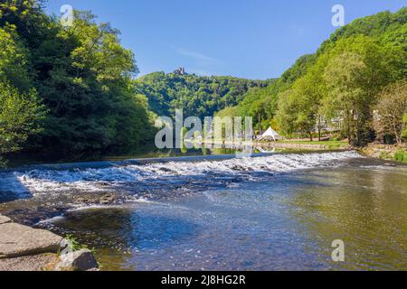 The tributary Sure, behind on the hill the Castle Bourscheid, medieval castle complex at Bourscheid, Diekirch district, Ardennes, Luxembourg, Europe Stock Photo