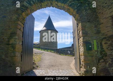 Entrance to Castle Bourscheid, medieval castle complex at Bourscheid, Diekirch district, Ardennes, Luxembourg, Europe Stock Photo