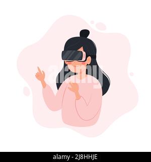 Metaverse concept, woman using virtual reality headset. Digital cyber world technology. Cute vector illustration in flat cartoon style Stock Vector