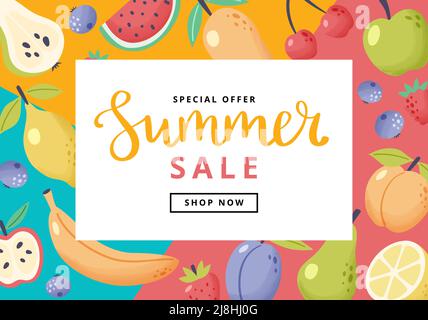 Summer sale banner with fruits. Hand drawn cute fruits and lettering. Vector illustration colorful template in flat cartoon style Stock Vector