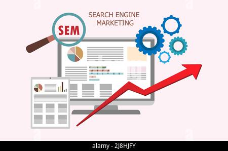 Flat modern design elements about Search Engine Marketing process.Tools of search internet marketing. Vector illustration Stock Vector