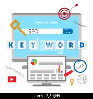 Seo marketing campaign,SEM, Business Search engine optimization. Internet Marketing search flat vector with icons and texts Stock Vector