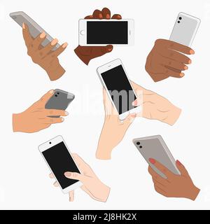 Set with hands holding mobile phones Stock Vector