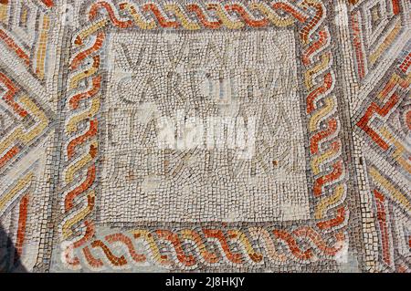 Portugal. Roman ruins of Villa Cardillio. 1st-4th centuries AD. Detail of a mosaic with the names of the owners: Cardilio and Avita. Stock Photo