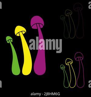 Set of neon mushrooms vector simple illustration isolated on black background. Outline and colour silhouettes version. Psychedelic mushrooms. Vector m Stock Vector