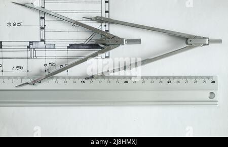 Construction and architecture concept. Residential building drawings, flat lay, free copy space Stock Photo