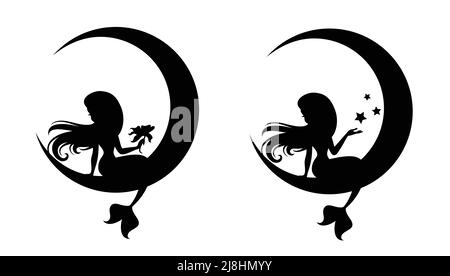 Silhouettes of mermaids sitting on a moon.  Stock Vector