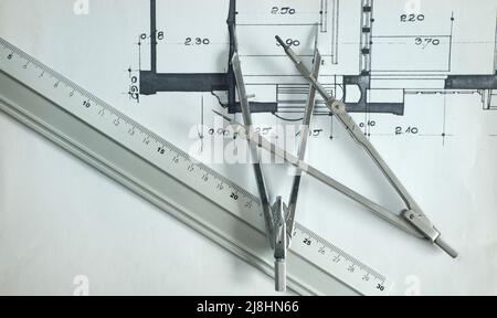 Construction and architecture concept. Residential building drawings, flat lay, free copy space Stock Photo