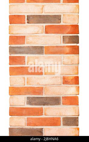 Old brick column, orange brick wall texture, neat brickwork. Isolated on white background. Vertical image. Stock Photo