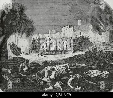 Siege of the Celtiberian city of Numantia by Roman troops, 133 BC. Engraving, 19th century.