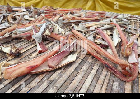 tasty dried and salted fish stock with hanging on farm for harvest and sell Stock Photo