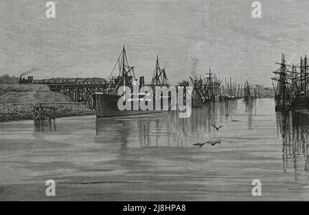 Spain, Basque Country. Biscayan mining industry. Bilbao estuary. Loading docks of the 'Franco-Belgian Society' and La Orconera, in Luchana. Engraving, 19th century. Stock Photo