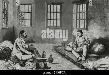 Egypt. Cairo. Orabi Pasha and Tulba-Pacha in the prisons of the Abbassiyeh barracks. Engraving, 1882. Stock Photo