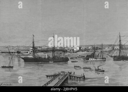 Occupation of Egypt by the British Army, 1882. The Suez Canal, occupied by the English. Station 'El Kantarah'. Engraving by Vela, 1882. Stock Photo