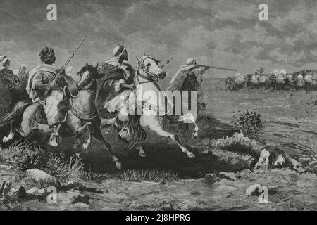 English occupation of Egypt, 1882. Population of Tel-el-Kebir (Lower Egypt). Bedouin horsemen attacking the British outposts. Engraving by Capuz, 1882. Stock Photo