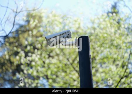 Mini cctv cameras installed on pillar outside Stock Photo