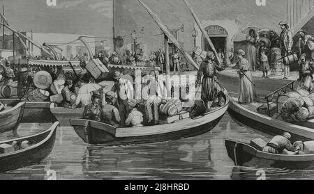 Egyp, Alexandria. The British squad opened fire on the city on July 11 and occupied it. European families leaving Alexandria as the bombardment was imminent. Engraving by Rico, 1882. Stock Photo