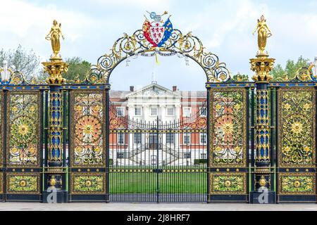 Park gates and Warrington Town Hall, Warrington, Cheshire, England, United Kingdom