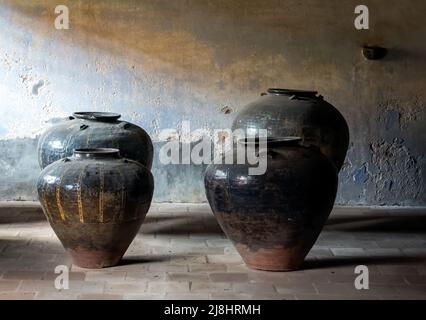 Antique South Indian Pickle Jar in padmanabhapuram palace near Thuckalay, Kanyakumari district Tamilnadu-India Stock Photo