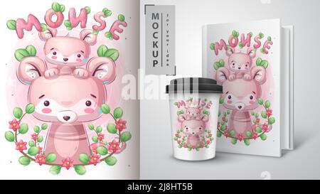 Cute mouse flower poster and merchandising. Stock Vector