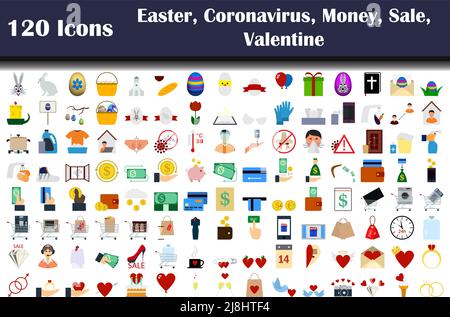 Set of 120 icons. Easter, Money, Sale, Valentine, COVID-19 themes. Flat Design. Fully editable vector illustration. Text expanded. Stock Vector