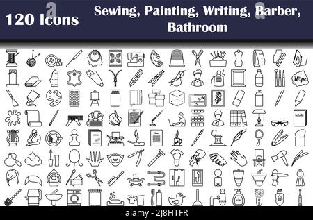 Set of 120 icons. Sewing, Painting, Writing, Barber, Bathroom themes. Bold outline design with editable stroke width. Vector Illustration. Stock Vector