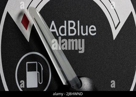 AdBlue fuel gauge in truck dashboard - empty. AdBlue is a registered the trademark of the German Association of the Automotive Industry (VDA). Stock Photo