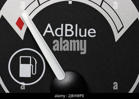 AdBlue fuel gauge in truck dashboard - empty. AdBlue is a registered the trademark of the German Association of the Automotive Industry (VDA). Stock Photo