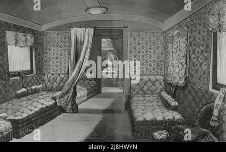 Journey to Andalusia of the kings of Spain, Alfonso XII (1857-1885) and Maria Cristina de Habsburgo-Lorena (1858-1929). Royal Train. Interior of the sleepwe coach, dresser and cabinet. Engraving by Capuz, 1882. Stock Photo