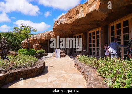 Fake rock on the Visitor Center at the entrance of the Hanauma Bay Nature Preserve on O'ahu island in Hawaii, United States Stock Photo