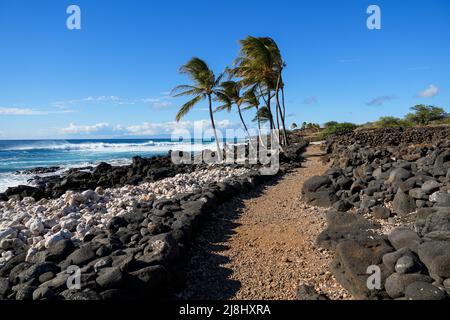 Rocky coastal trail path following the Pacific Ocean in the ancient fishing village in ruins of the Lapakahi State Historical Park on the island of Ha Stock Photo