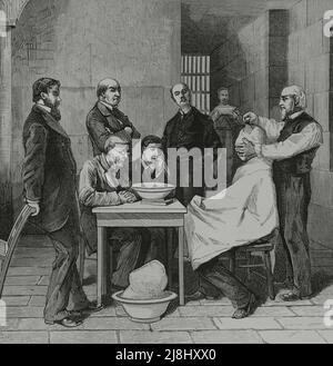 United States, Washington. Prison of Charles Julius Guiteau (1841-1882), assassin of the President James A. Garfield, on July 2, 1881. The sculptor Clark Mills (1810-1883) making a plaster cast of the head of the prosecuted, condemned to be hanged. Engravi Stock Photo